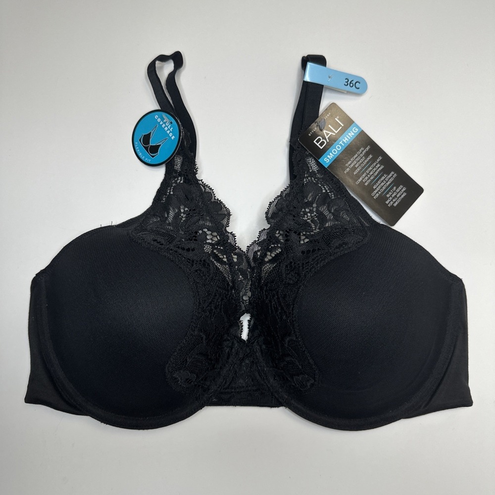 Bali Bra Womens 36C Black w Lace Underwired Smoothing Full Coverage DF0084